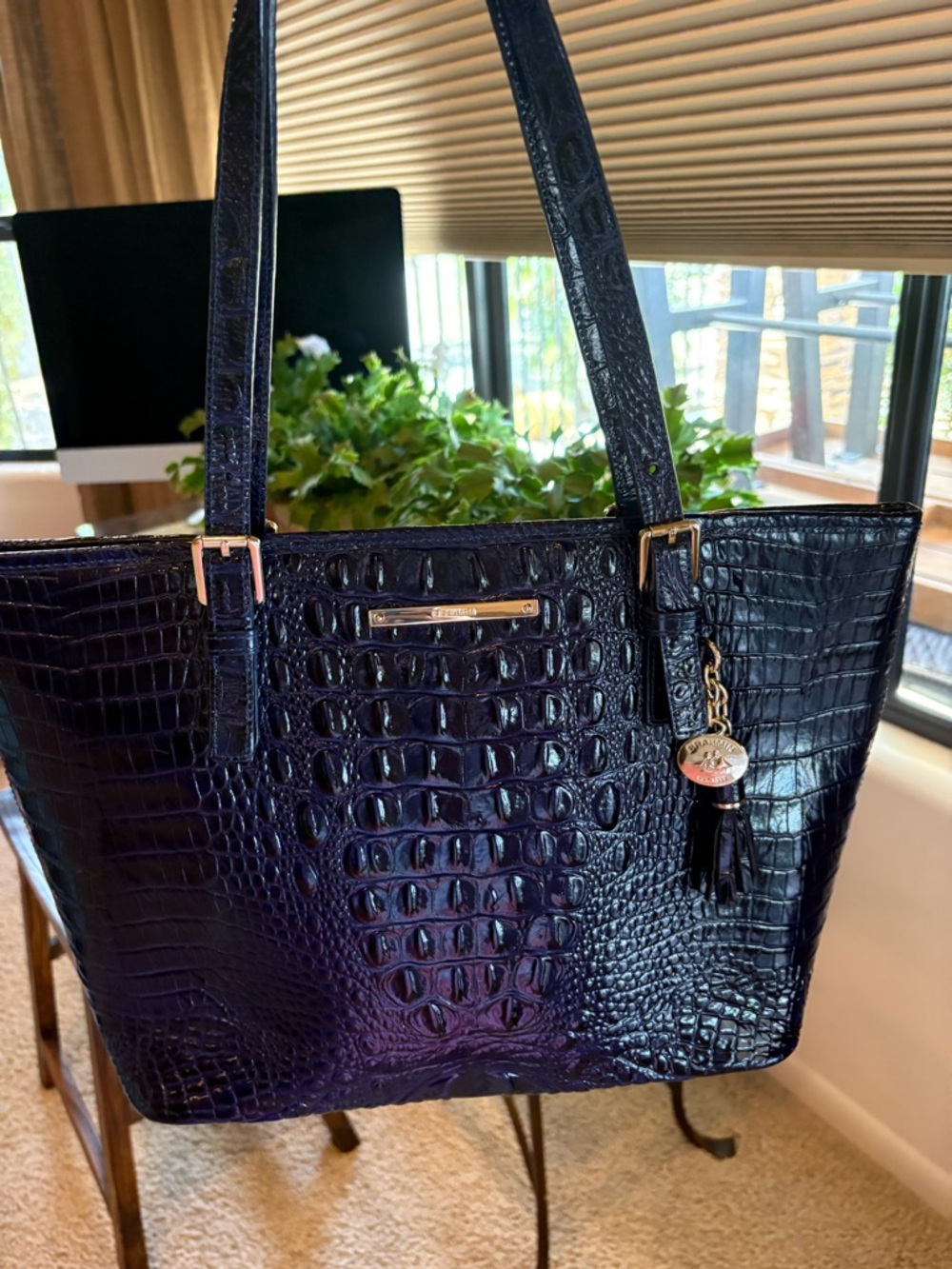 Brahmin Deep Navy Croc-Embossed Leather Tote with Tassel Charm